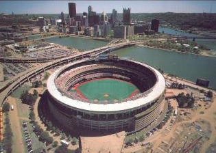 An aerial photo of Three Rivers Stadium in Pittsburgh, Pennsylvania.