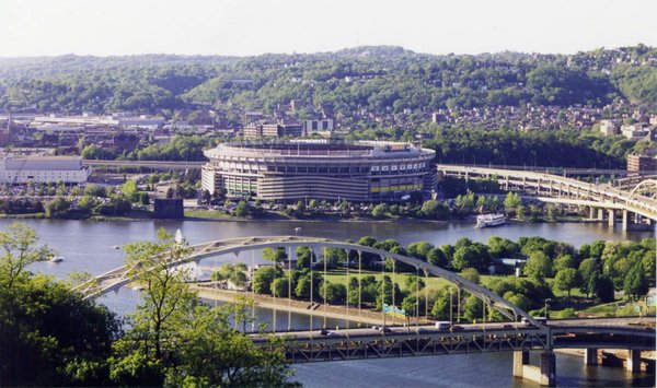 View of Three Rivers Stadium from Pittsburgh's South Shore.