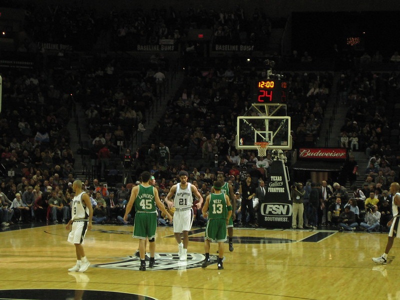 View from the lower level seats at the AT&T Center during a San Antonio Spurs game.