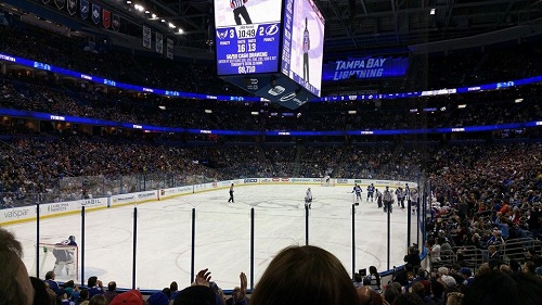View from the lower level seats at Amalie Arena during a Tampa Bay Lightning game.