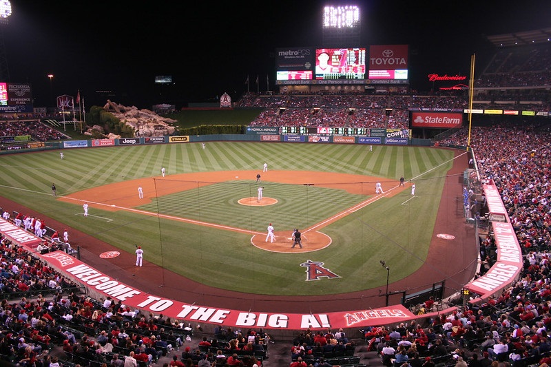 View from the club level seats at Angel Stadium of Anaheim during a Los Angeles Angels home game.