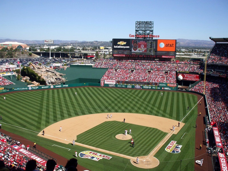 Photo taken from the view level seats at Angel Stadium of Anaheim during a Los Angeles Angels home game.