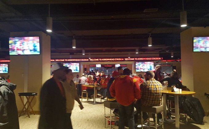 Interior photo of The Founder's Club at Arrowhead Stadium during a Kansas City Chiefs game.