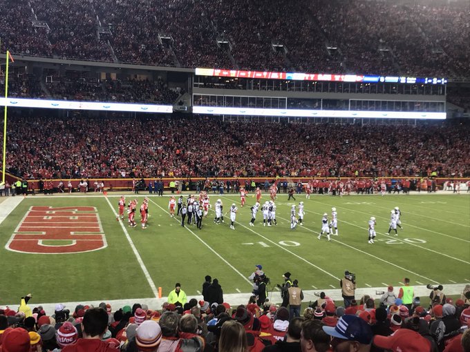 View from the lower level seats at Arrowhead Stadium during a Kansas City Chiefs game.