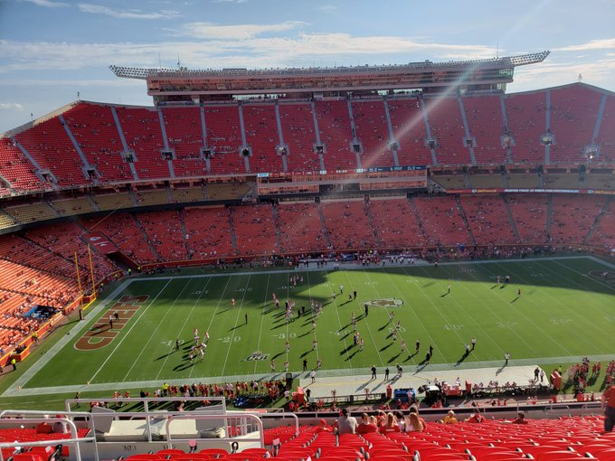 View from the upper level seats at Arrowhead Stadium during a Kansas City Chiefs game.