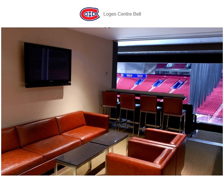 Interior photo of a luxury suite at the Bell Centre. Home of the Montreal Canadiens.