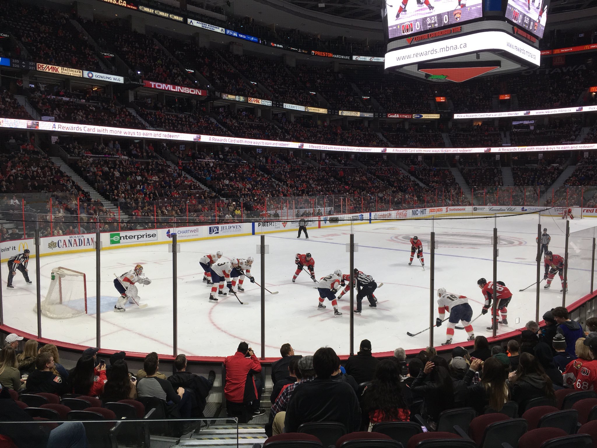 View from the lower level seats at the Canadian Tire Centre during an Ottawa Senators game.