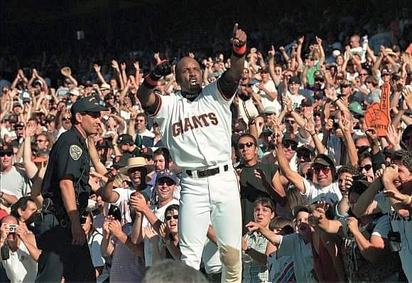 Photo of Barry Bonds after clinching the National League West division title in 1997.  