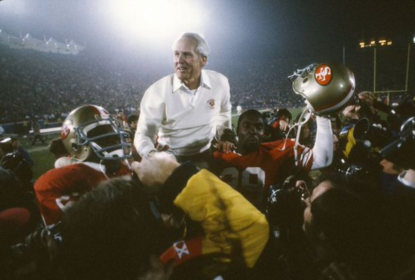 Photo of legendary San Francisco 49ers head coach Bill Walsh being carried off the field.