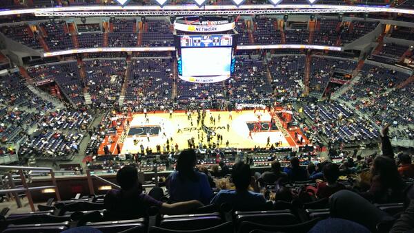 View from the 400 level seats at Capital One Arena during a Washington Wizards game.