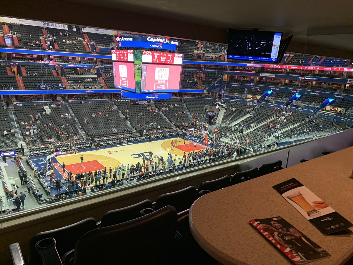 View of the court at Capital One Arena from a suite during a Washington Wizards game.