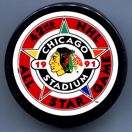 Photo of a souvenir puck from the 1991 NHL All-Star game at Chicago Stadium.