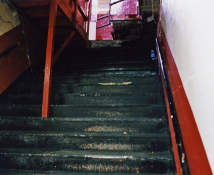 Photo of the staircase leading from the playing surface to the team locker rooms.