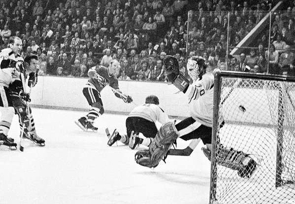 Photo of Bobby Hull of the Chicago Blackhawks scoring his 600th goal vs. the Boston Bruins. 