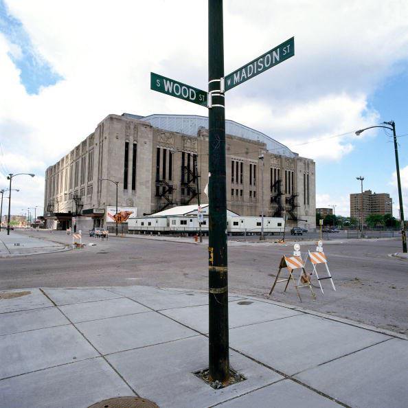 An exterior photo of Chicago Stadium from the corner of Wood and Madison streets. 