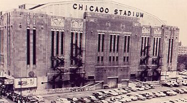 Black and white exterior photo of Chicago Stadium.