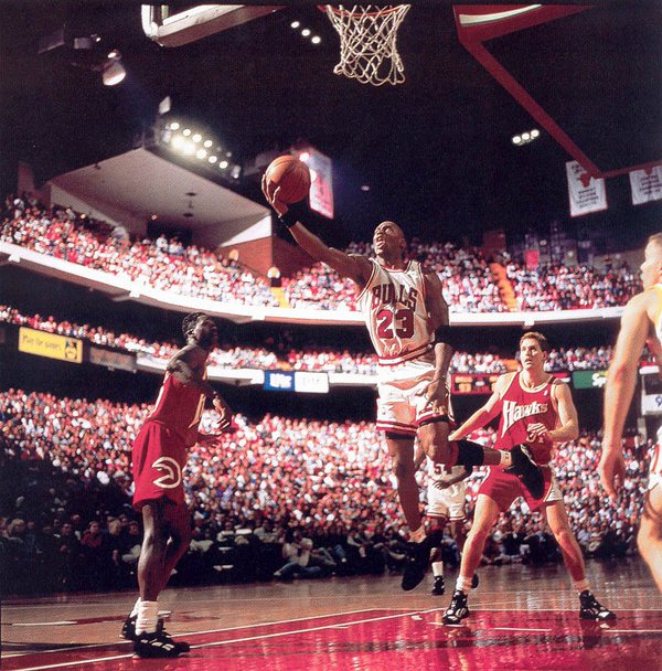 Photo of Michael Jordan vs. Dominique Wilkins and the Atlanta Hawks during the 1990's. 