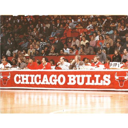 Photo of the old scorer's table at Chicago Stadium. 