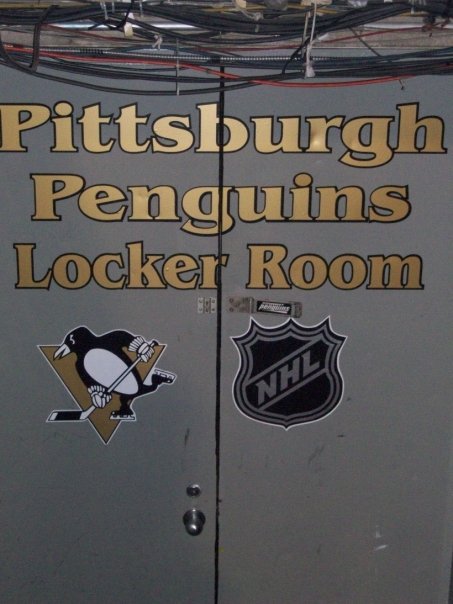 Photo of the doors leading to the Pittsburgh Penguins locker room. 