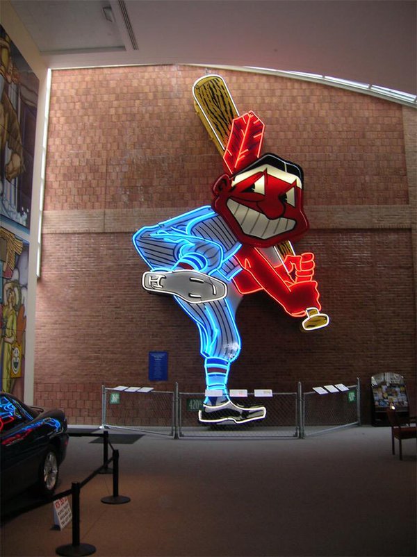 Photo of the old Cleveland Indians neon mascot sign that hung above Cleveland Municipal Stadium.