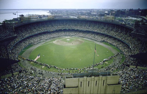 An aerial photo of Cleveland Municipal Stadium during a Cleveland Indians game. 