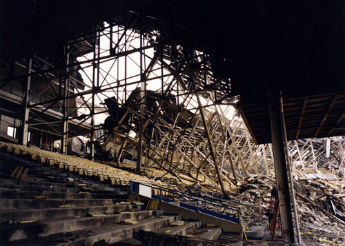 Photo of the demolition at Cleveland Municipal Stadium in 1996.