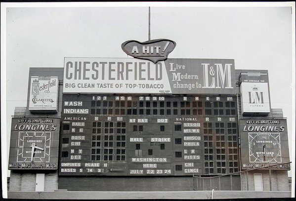 Photo of the old time scoreboard in center field. 