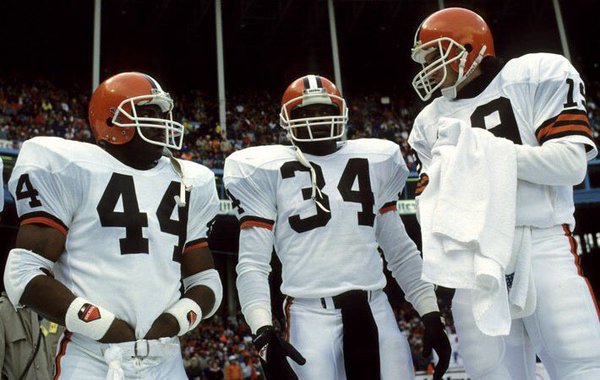 Photo of Bernie Kosar with Browns teammates Kevin Mack and Earnest Byner. 