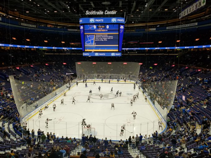 View from the Bull and Bear seating area at the Enterprise Center during a St. Louis Blues game.