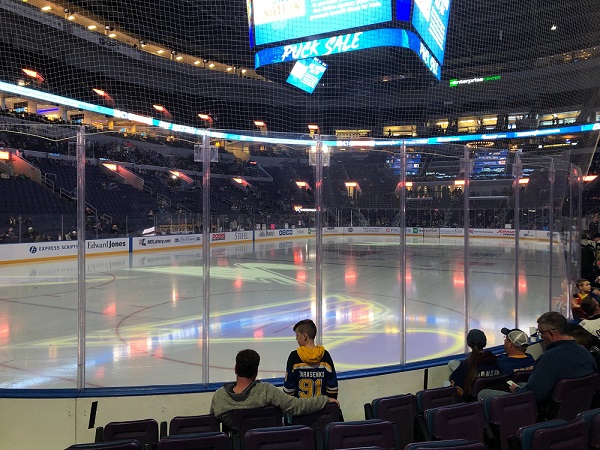 View from the lower level seats at the Enterprise Center during a St. Louis Blues game.