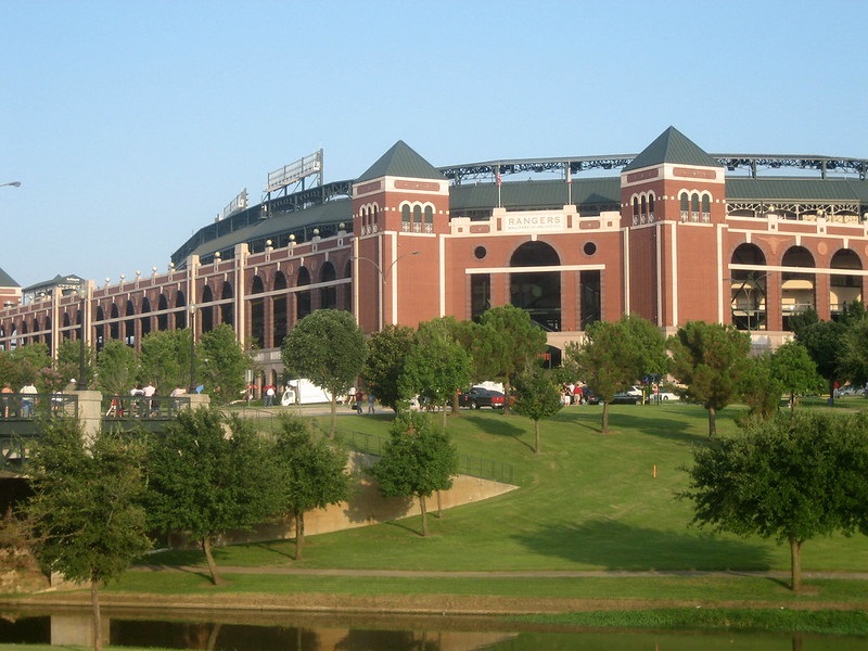 Exterior photo of Globe Life Park in Arlington, Texas. Home of the Texas Rangers.