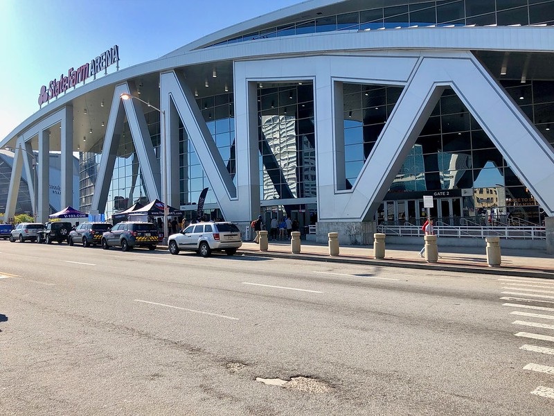 Exterior photo of Philips Arena in downtown Atlanta, Georgia.