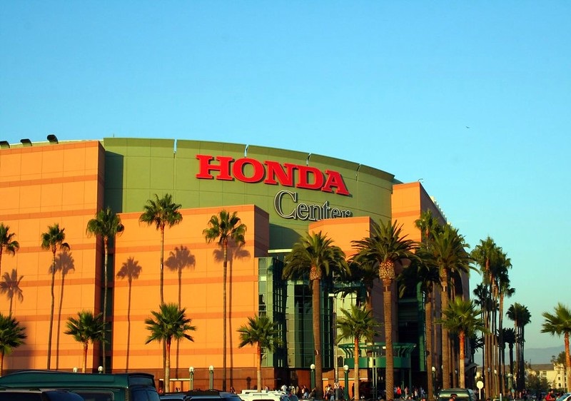 Exterior photo of the Honda Center, home of the Anaheim Ducks.