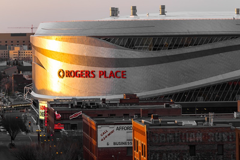 Exterior photo of Rogers Place. Home arena for the Edmonton Oilers.