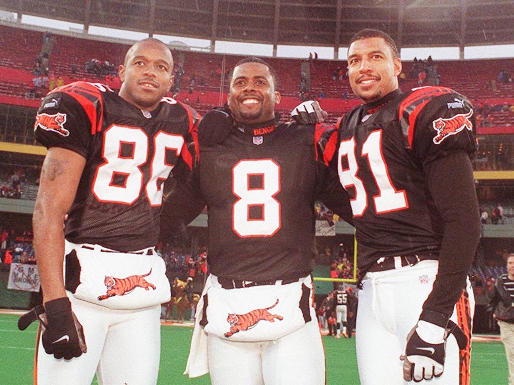 Cincinnati Bengals Players (from left to right) Darnay Scott, Jeff Blake and Carl Pickens at Cinergy Field.