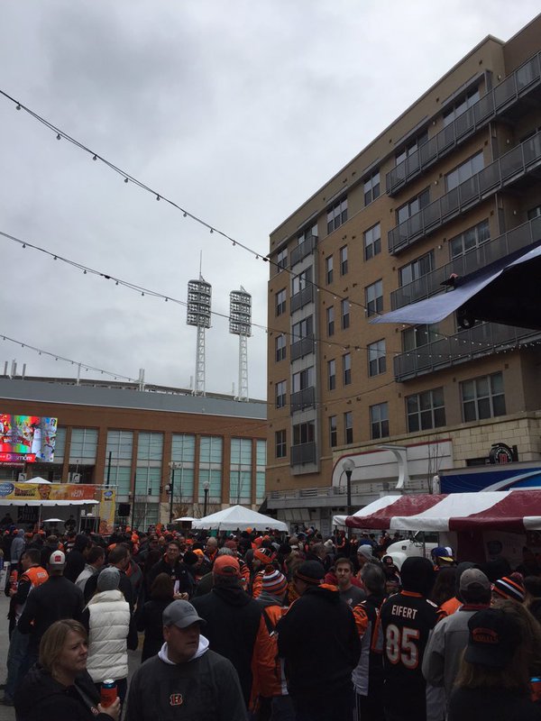 Photo of Cincinnati Bengals fans celebrating at The Banks in Cincinnati, Ohio.