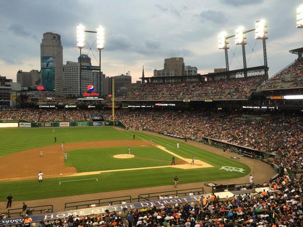 Photo of Comerica Park from the right field grandstand seats.