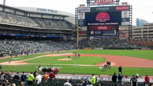 Photo of Comerica Park from the infield box seats.