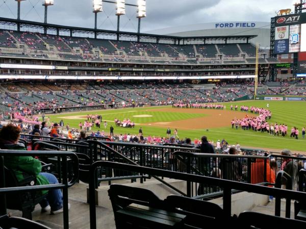 Photo of Comerica Park from the lower baseline box seats.