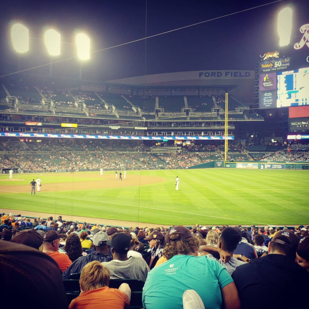 Photo of Comerica Park from the outfield box seats.