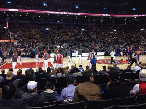 Photo of a Toronto Raptors game from the lower level of Scotiabank Arena.