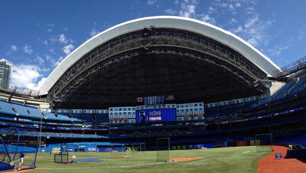 Photo of the Rogers Centre from the field before a Toronto Blue Jays game.