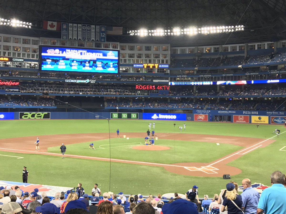 Photo of the playing field at the Rogers Centre during a Toronto Blue Jays game.
