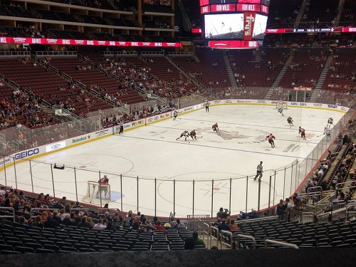 View from the Loge Box seating area at Gila River Arena during an Arizona Coyotes game.