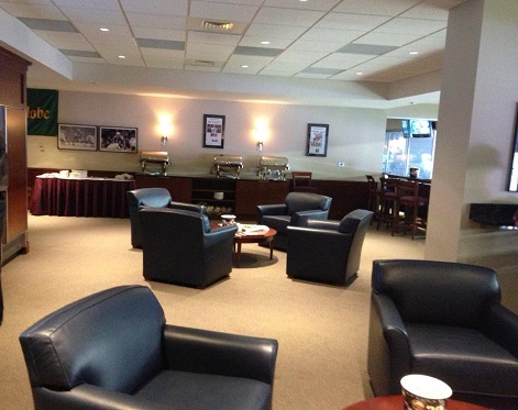 Interior photo of a suite at Gillette Stadium during a New England Patriots game.