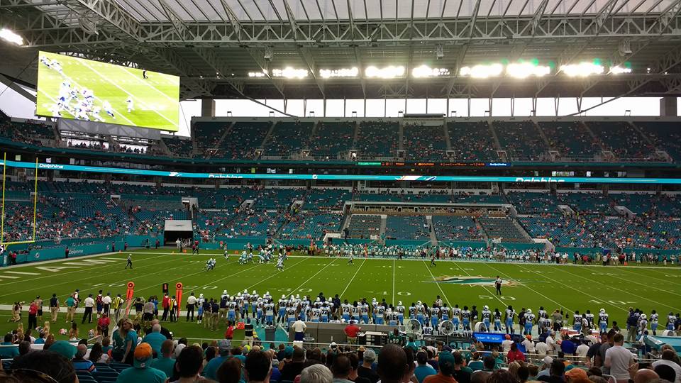 Photo taken from the lower level seats at Hard Rock Stadium during a Miami Dolphins home game.