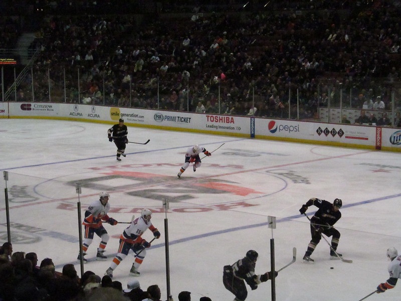 View from the lower level seats at the Honda Center during an Anaheim Ducks game.