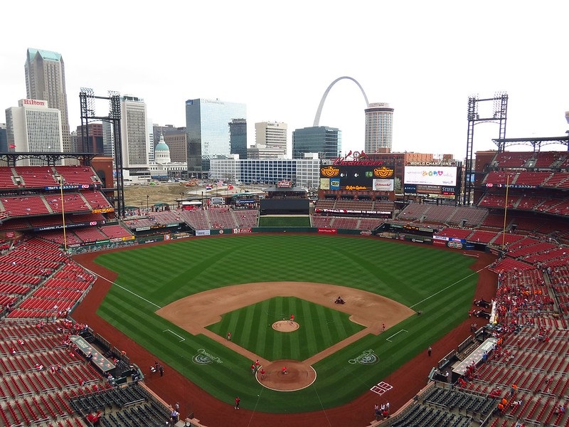 Photo of the playing field at Busch Stadium, home of the St. Louis Cardinals.