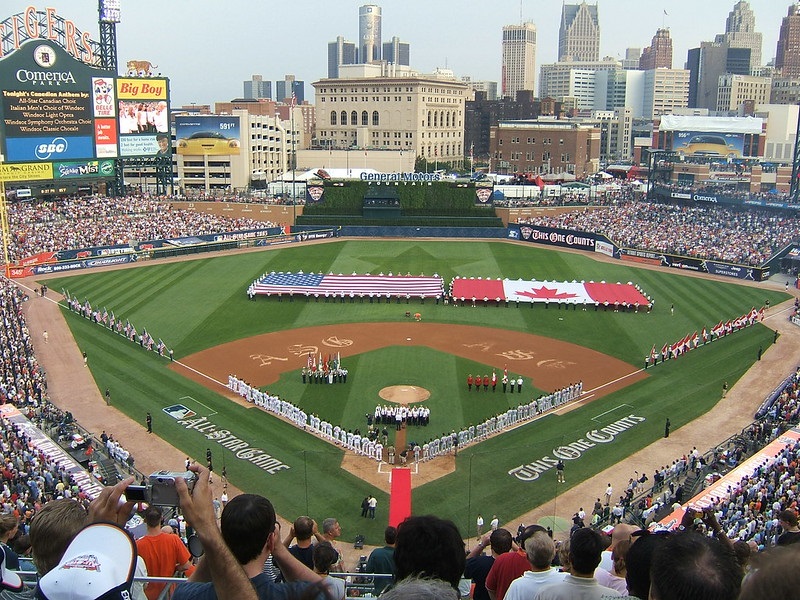 Photo of the playing field at Comerica Park, home of the Detroit Tigers.