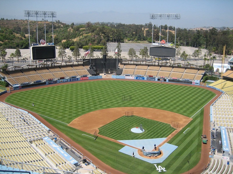 Photo of the playing field at Dodger Stadium. Home of the Los Angeles Dodgers.